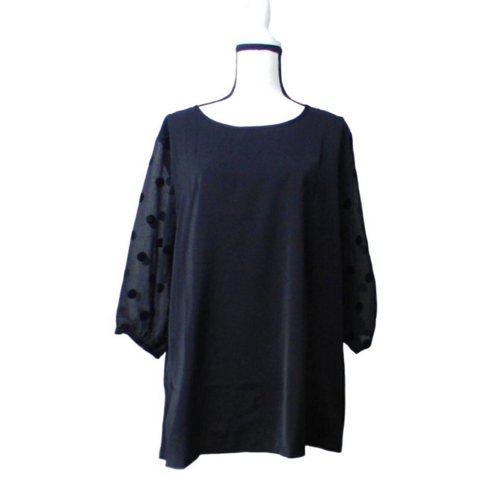 Shein Curve  Women’s Sheer-sleeve Mixed-media Tunic, Black, 2XL